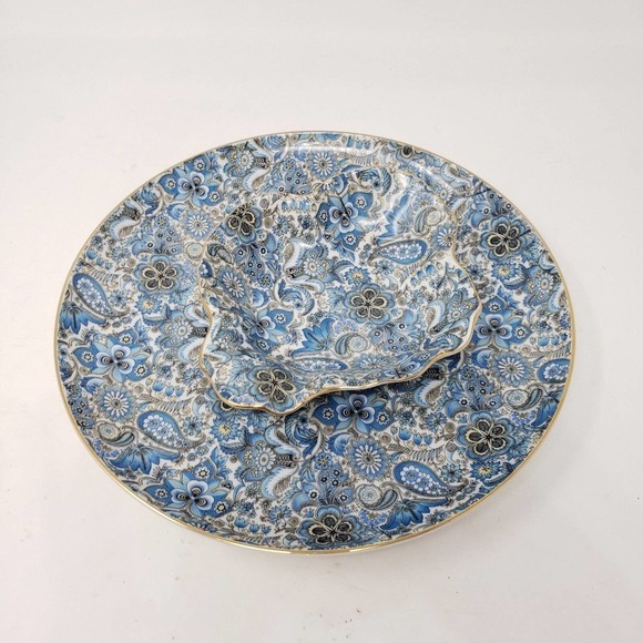 Norcrest blue floral paisley Japan plate trinket dish pitcher set porcelain 3 pc - Picture 6 of 16